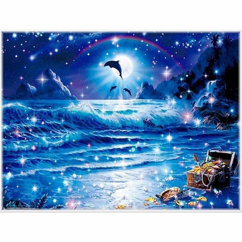 Full Drill - 5D DIY Diamond Painting Kits Dream Moon Leaping Dolphins - NEEDLEWORK KITS