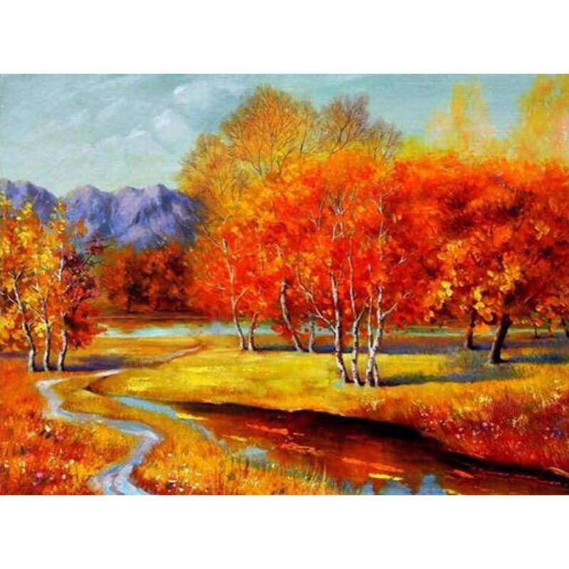 Oil Painting Style Full Diy Diamond Autumn Forest Landscape Kits VM20476 - NEEDLEWORK KITS