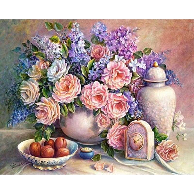 Oil Painting Style Wall Decor Pink Diy Full Drill - 5D Embroidery Kits Flower VM3609 - NEEDLEWORK KITS