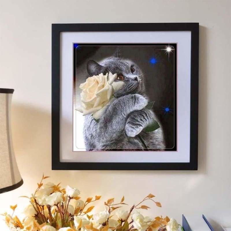 Hot Sale Grey Cat Flower Diy Full Drill - 5D Cross Stitch