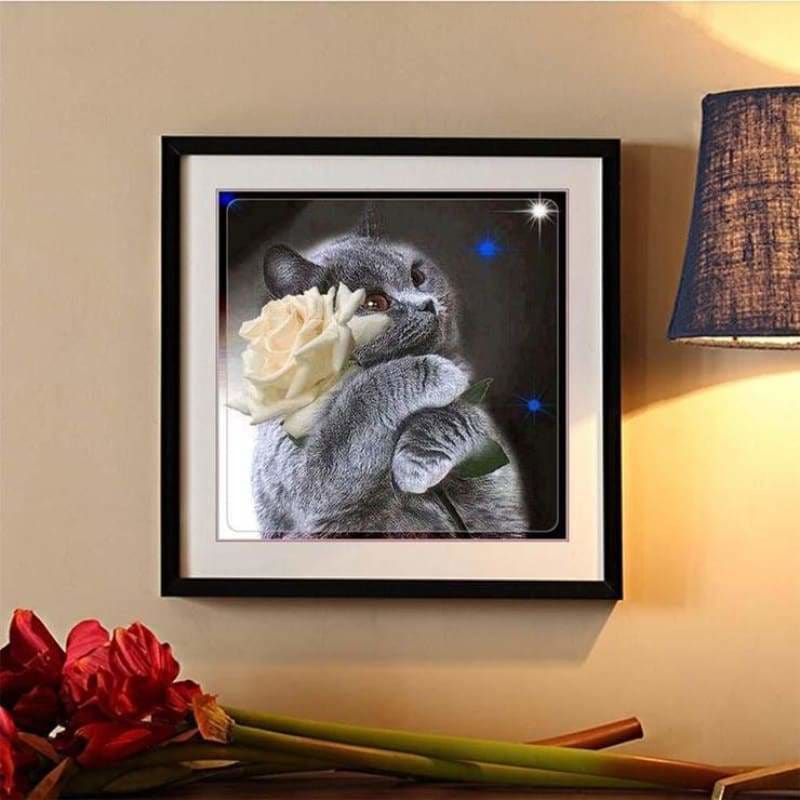 Hot Sale Grey Cat Flower Diy Full Drill - 5D Cross Stitch