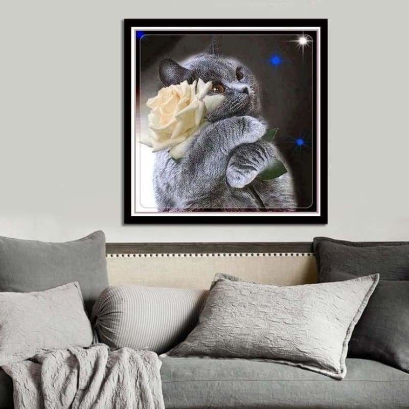 Hot Sale Grey Cat Flower Diy Full Drill - 5D Cross Stitch
