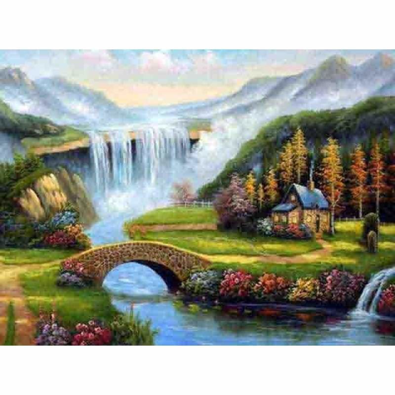 Oil Painting Style Landscape Waterfall Full Drill - 5D Diy