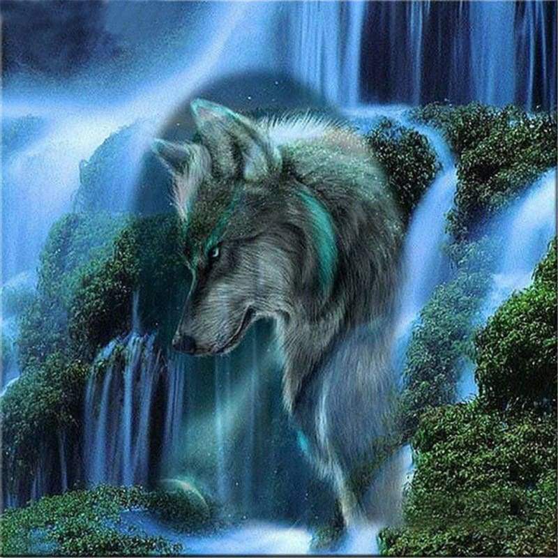 2019 Dream Lonely Wolf Waterfall  Diy 5d Diamond Embroidery Wall Decor VM1038 - NEEDLEWORK KITS