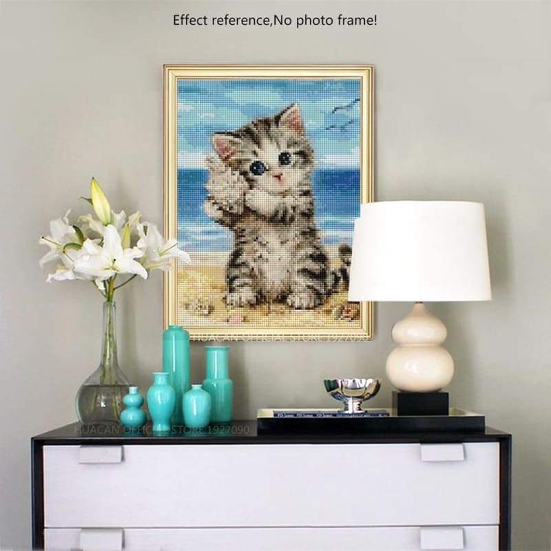 New Hot Sale Cute Kitten And Conch On Beach Diy Full Drill - 5D Cross Stitch Rhinestone Painting VM01199 - NEEDLEWORK KITS