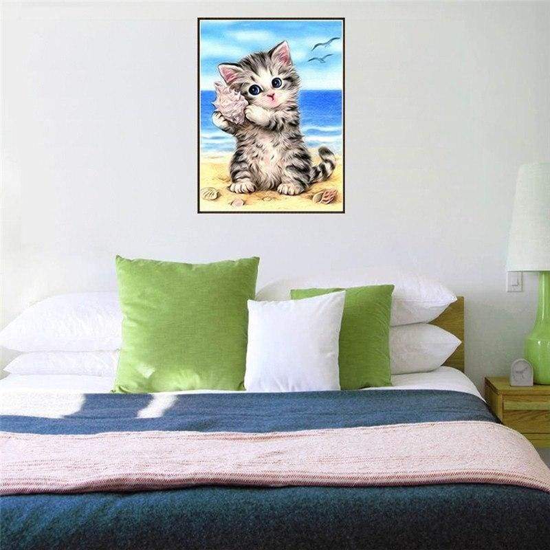 New Hot Sale Cute Kitten And Conch On Beach Diy Full Drill - 5D Cross Stitch Rhinestone Painting VM01199 - NEEDLEWORK KITS