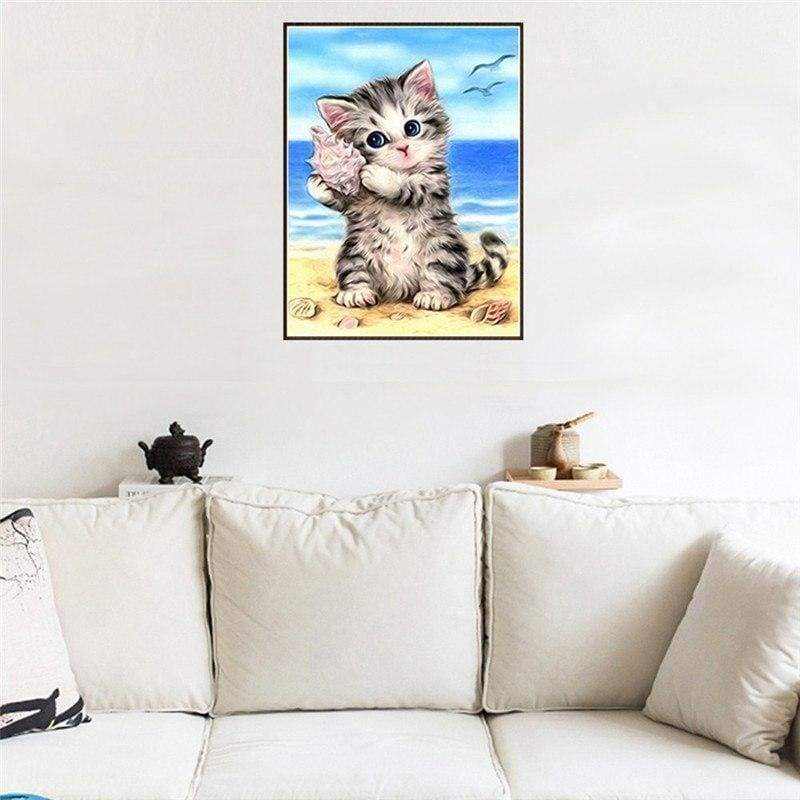 New Hot Sale Cute Kitten And Conch On Beach Diy Full Drill - 5D Cross Stitch Rhinestone Painting VM01199 - NEEDLEWORK KITS