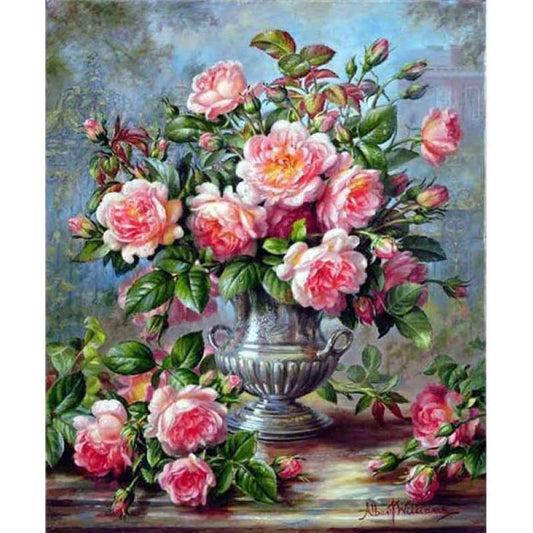 Oil Painting Style Beautiful Pink Flower Full Drill - 5D Diamond Diy Art VM1989 - NEEDLEWORK KITS