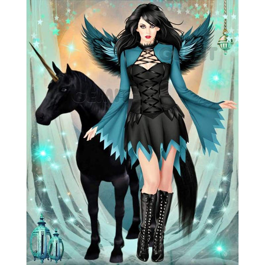 Black Angel with Black Unicorn Full Drill Diamond Painting - - NEEDLEWORK KITS