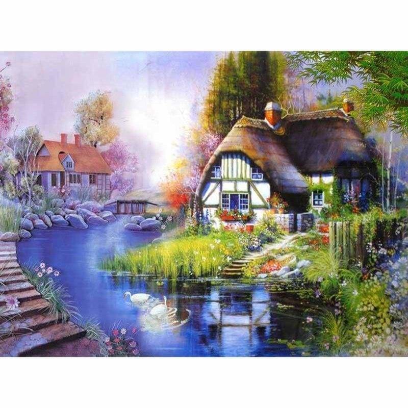 Full Drill - 5D DIY Diamond Painting Kits Cartoon Lakeside Cottage - NEEDLEWORK KITS