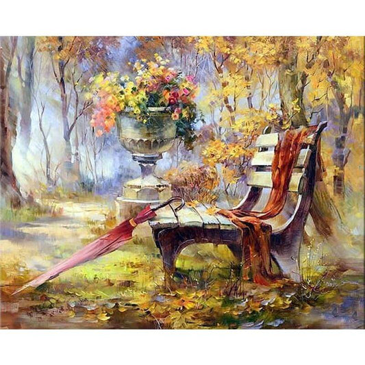 Full Drill - 5D DIY Diamond Painting Kits Cartoon Autumn Scene Flowers Bench - NEEDLEWORK KITS