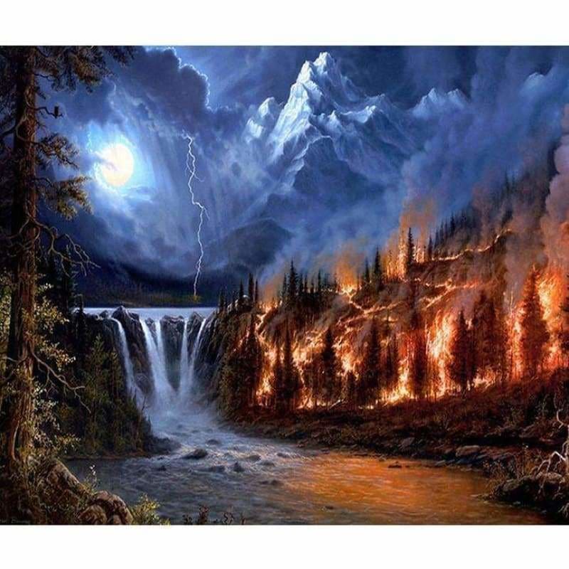 Full Drill - 5D DIY Diamond Painting Kits Dream  Mountain Lake Afire Forest - NEEDLEWORK KITS