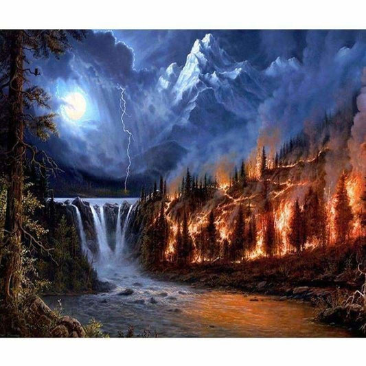 Full Drill - 5D DIY Diamond Painting Kits Dream Mountain Lake Afire Forest - NEEDLEWORK KITS