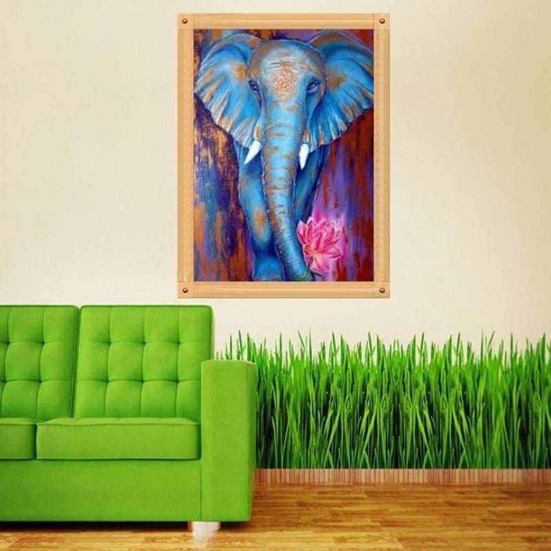 Full Drill - 5D DIY Diamond Painting Kits Cartoon Watercolor Blue Elephant Lotus - NEEDLEWORK KITS