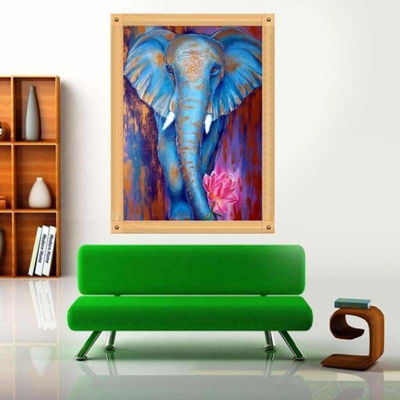 Full Drill - 5D DIY Diamond Painting Kits Cartoon Watercolor Blue Elephant Lotus - NEEDLEWORK KITS