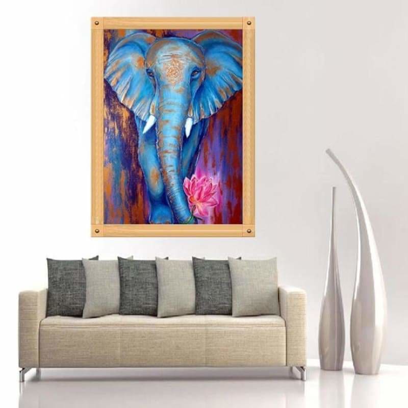 Full Drill - 5D DIY Diamond Painting Kits Cartoon Watercolor Blue Elephant Lotus - NEEDLEWORK KITS