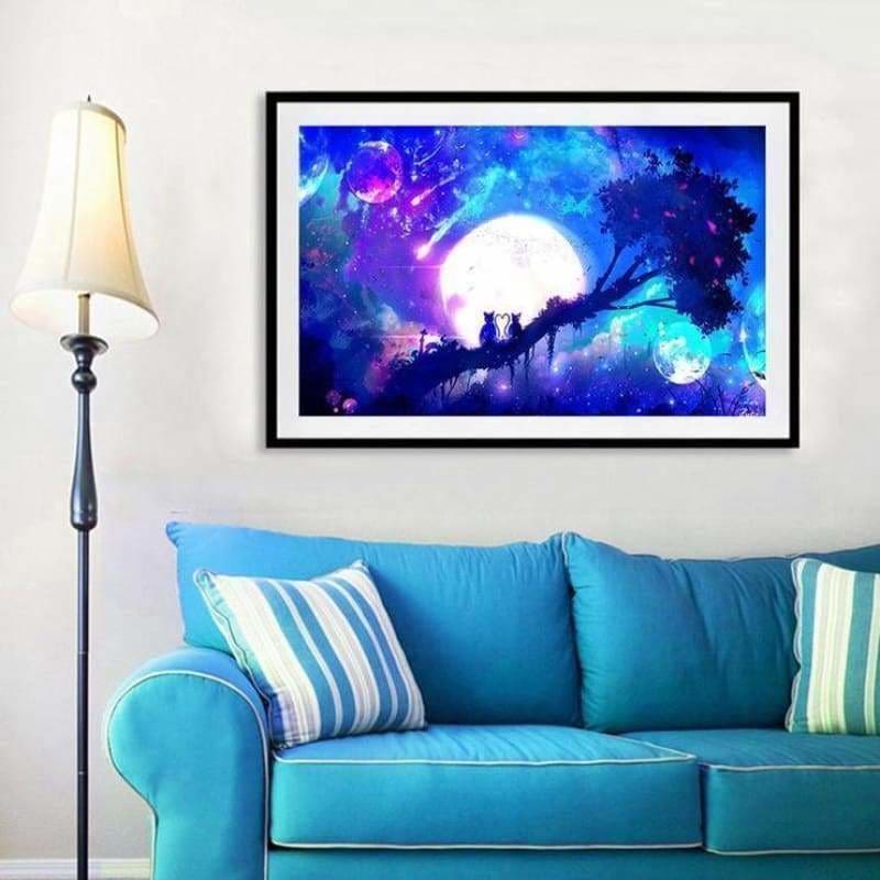 Full Drill - 5D DIY Diamond Painting Kits Fantasy Pretty Moon Sky Cats on the Tree Scene - NEEDLEWORK KITS