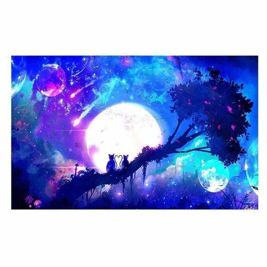 Full Drill - 5D DIY Diamond Painting Kits Fantasy Pretty Moon Sky Cats on the Tree Scene - NEEDLEWORK KITS