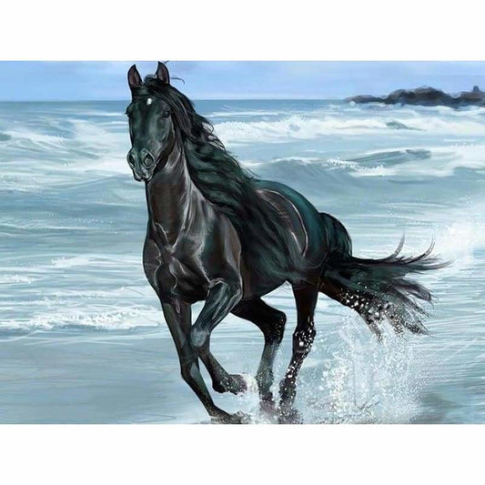 Full Drill - 5D DIY Diamond Painting Kits Running Black Horse By the Sea - NEEDLEWORK KITS