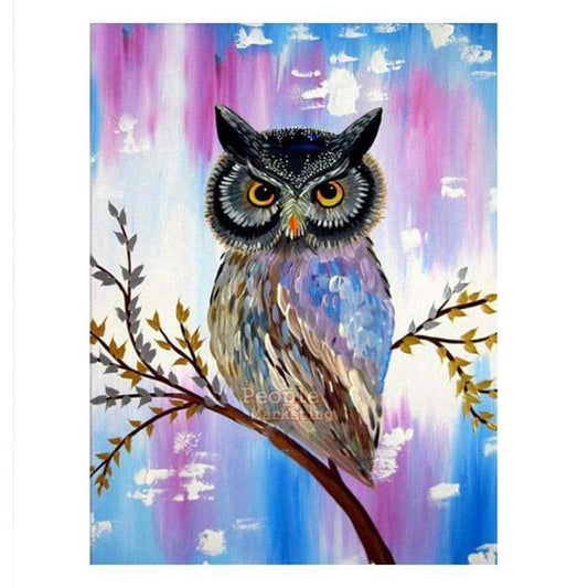 Owl pink blue background- Full Drill Diamond Painting -