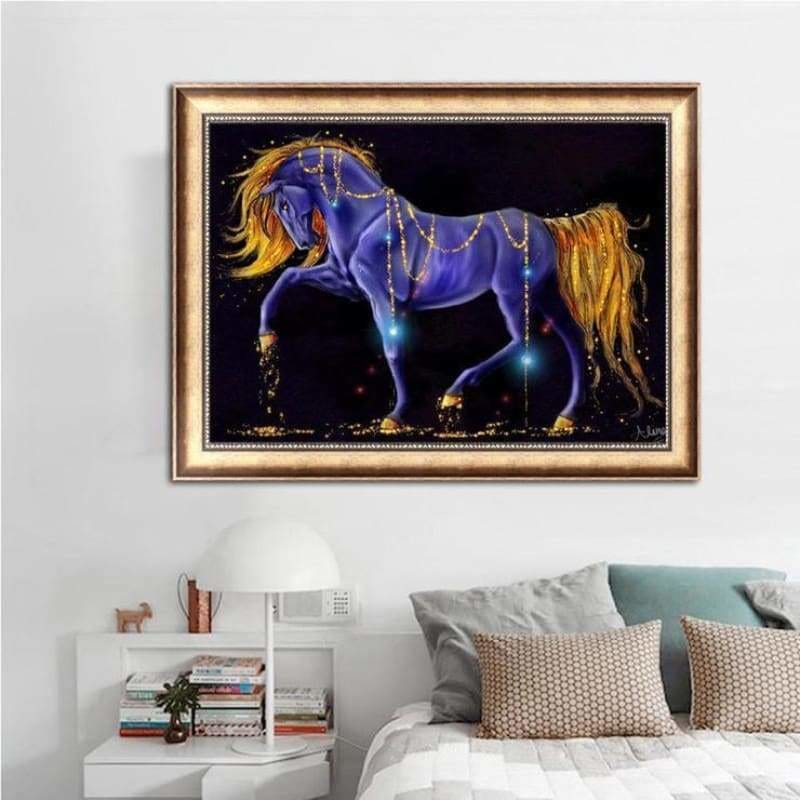 Full Drill - 5D Diamond Painting Kits Fantasy Blue and Gold Walking Horse - NEEDLEWORK KITS