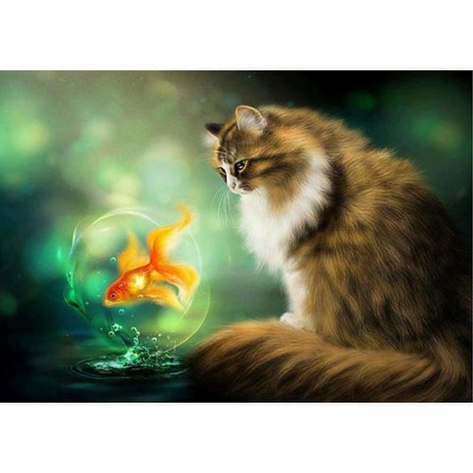 Full Drill - 5D Diamond Painting Kits Visional Cat Looking At Fish - NEEDLEWORK KITS